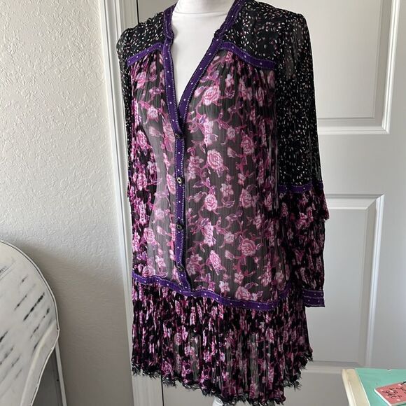 Free People Mini Dress Rosebuds Button Front Flowy Silhouette Oversized SZ XS-M - Picture 4 of 15